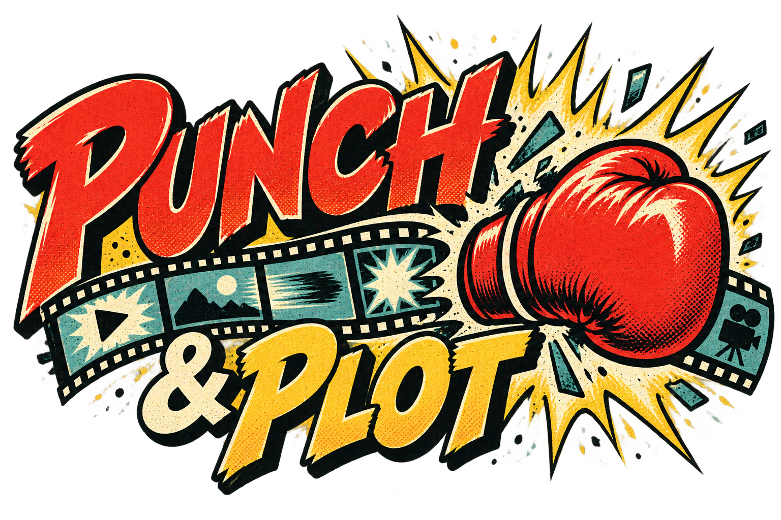 Punch & Plot: red boxing glove, yellow comic burst and teal filmstrip